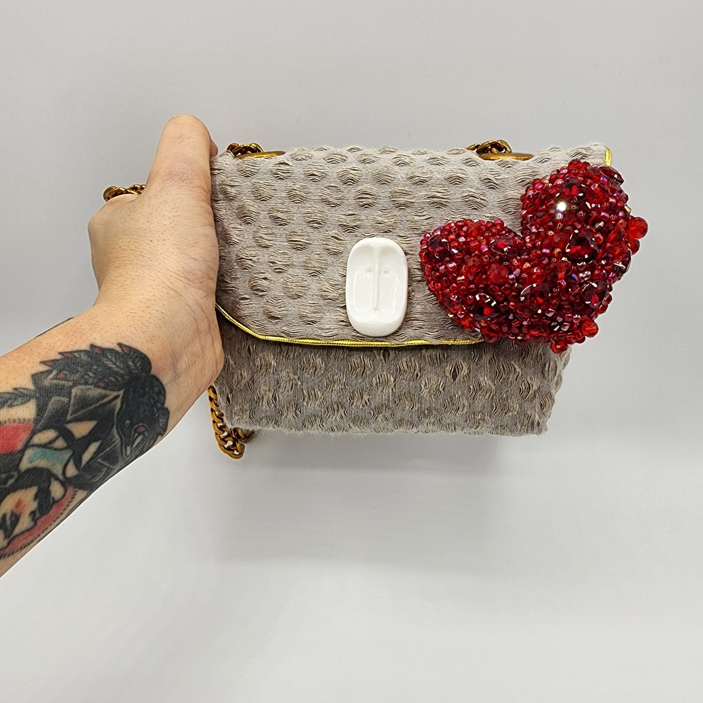 Beige & Red Heart Handbag - NOHBI