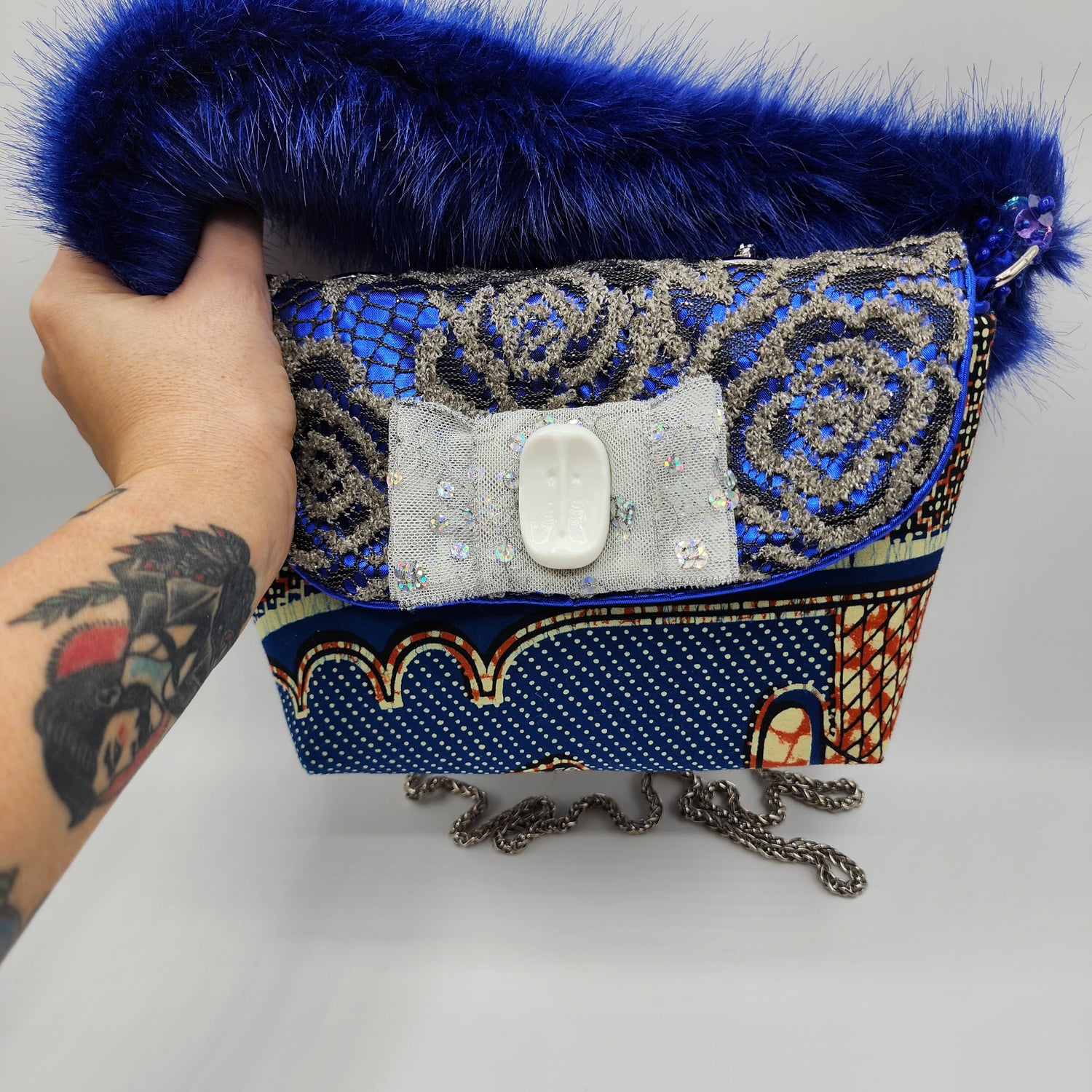 Fluffy Blue & Grey Handbag - NOHBI